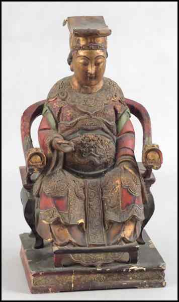 Appraisal: CHINESE POLYCHROME DECORATED WOOD SEATED FIGURE H '' Condition No