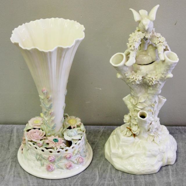 Appraisal: Belleek Vases Includes a multi-colored floral decorated vase with green