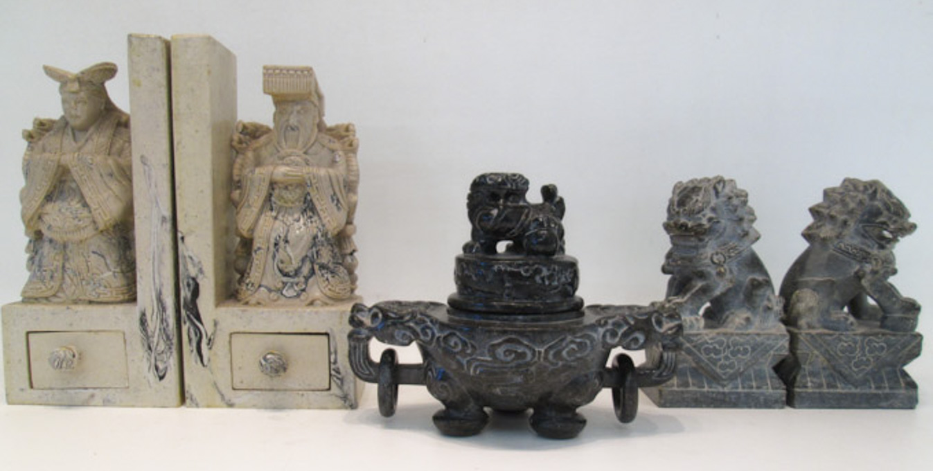 Appraisal: FIVE PIECES CHINESE CARVED SOAPSTONE pair figural bookends with drawer