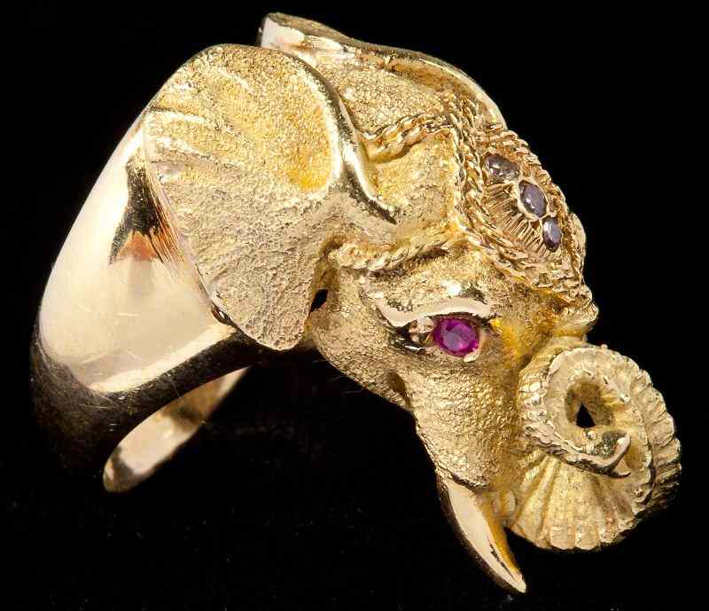 Appraisal: Gold Diamond and Ruby Ganesha Ringartistically designed in KT yellow