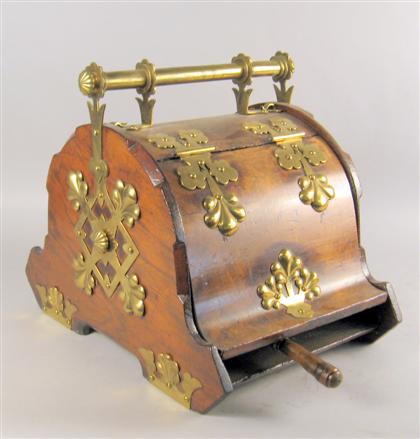 Appraisal: Victorian walnut and brass mounted coal scuttle The long cylindrical