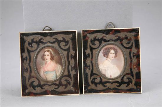 Appraisal: TWO MINIATURE PORTRAITS Both of women in tortoise shell frames