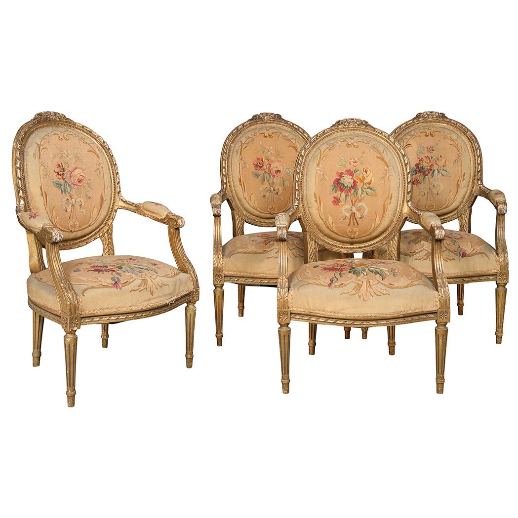 Appraisal: Set of Four Louis XVI Style Carved Giltwood Fauteuils En