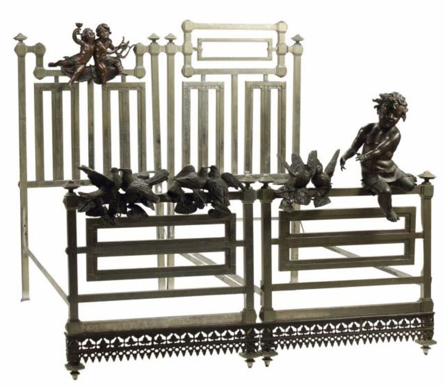 Appraisal: STEEL PATINATED BRONZE FIGURAL BEDSteel and patinated bronze bed exterior