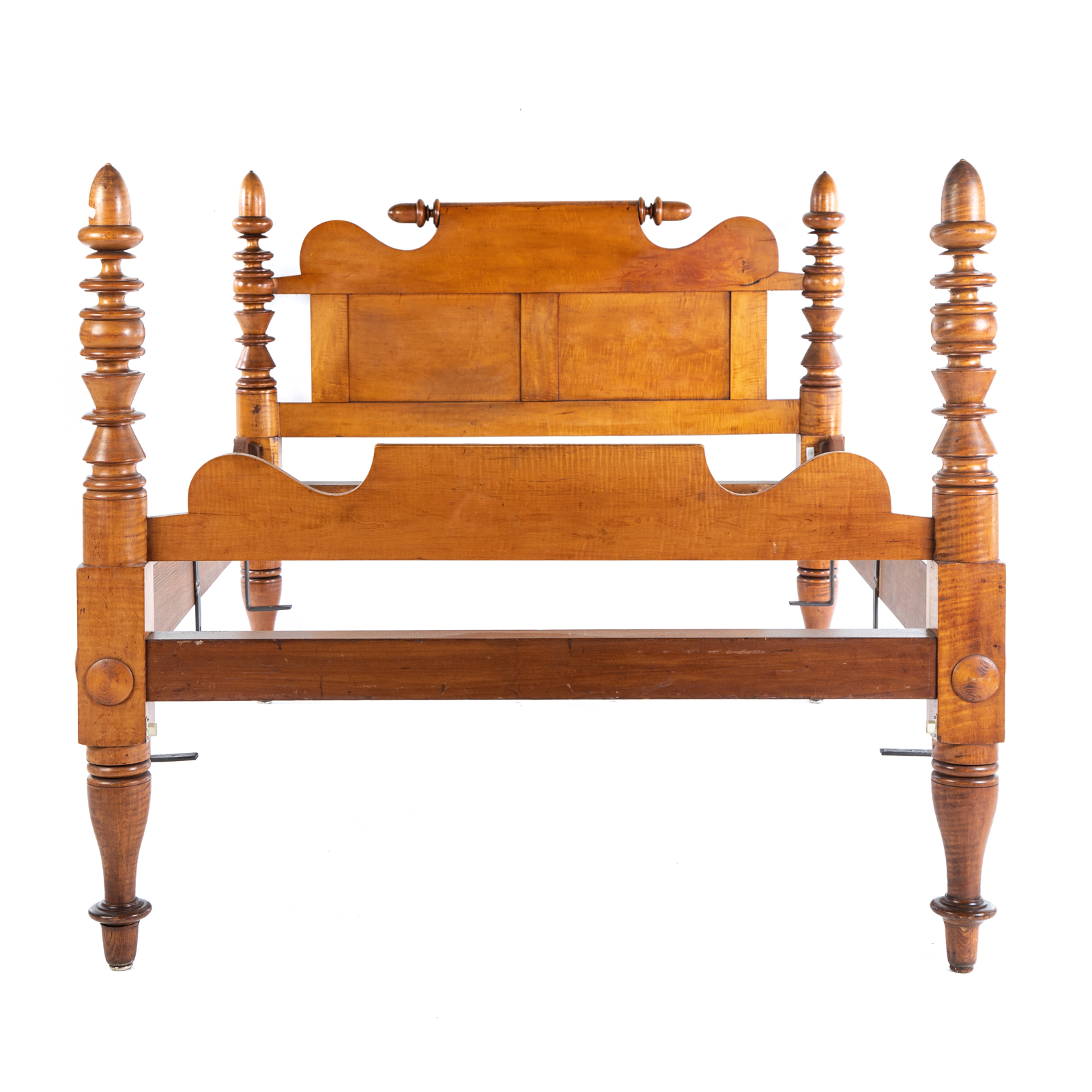 Appraisal: AMERICAN CLASSICAL TIGER MAPLE BEDSTEAD Circa with turned posts acorn