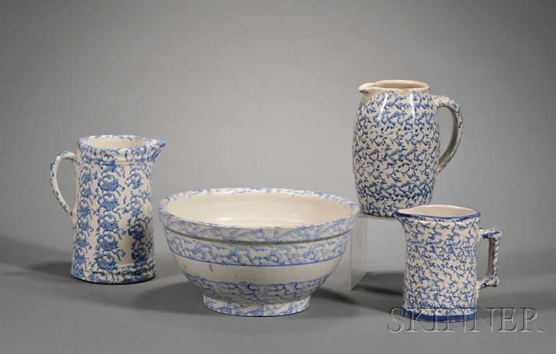 Appraisal: Four Blue and White Sponge Decorated Stoneware Items America late