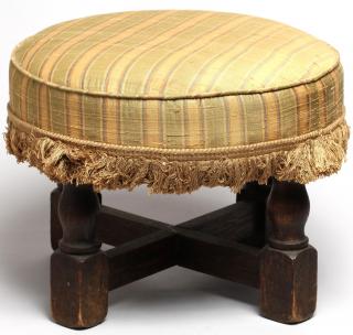 Appraisal: Antique Upholstered Circular Footstool On striped silk fabric an oak