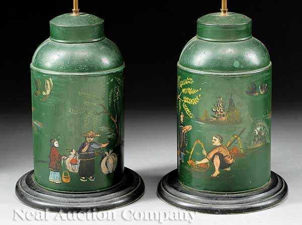 Appraisal: A Pair of English T le Peinte Tea Canisters green