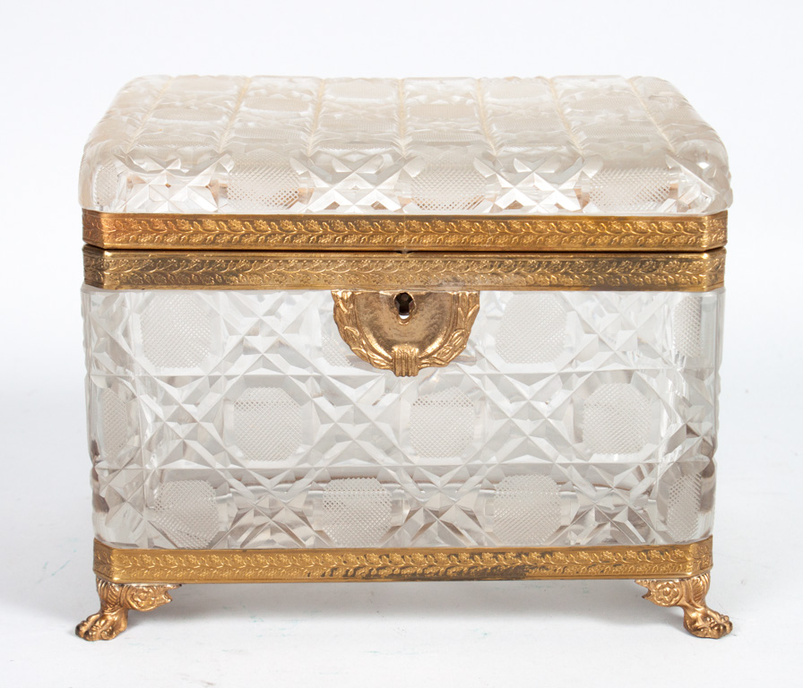 Appraisal: Continental gilt-metal-mounted glass dresser box with cut glass squares in