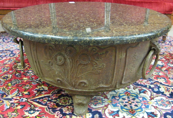 Appraisal: CAST IRON CAULDRON WITH BLACK GRANITE TABLE TOP Chinese late