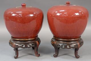 Appraisal: Pair of San de Boeuf ginger jars oxblood red glazed