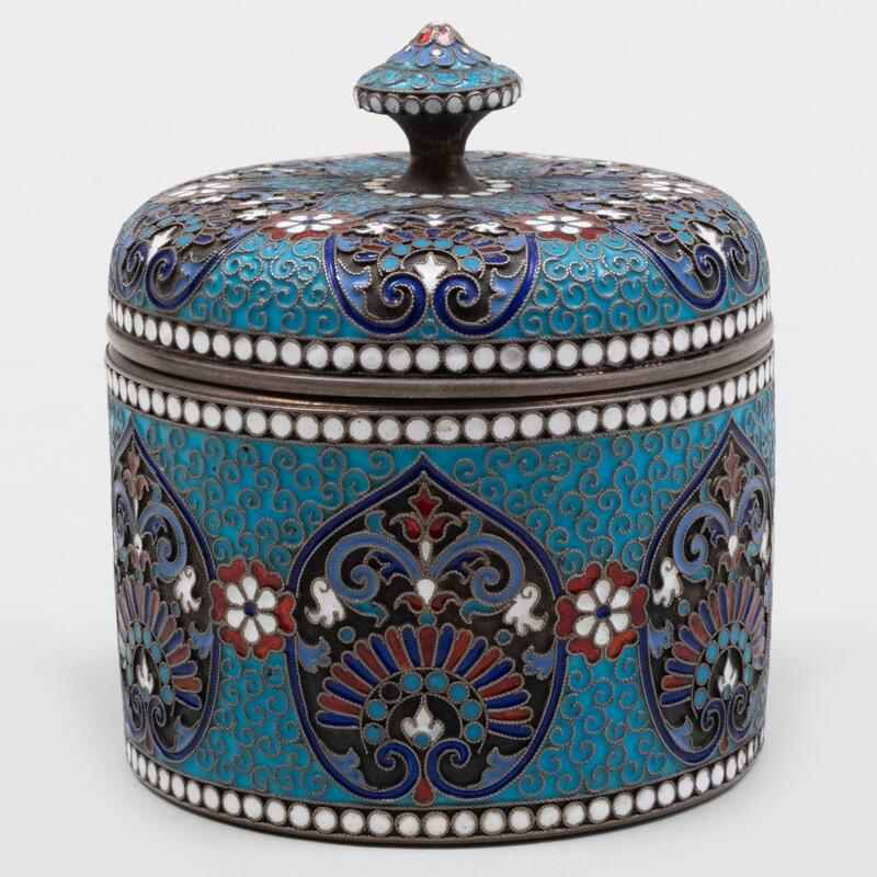 Appraisal: Russian Silver Cloisonn Enamel Circular Box and Cover Mark of