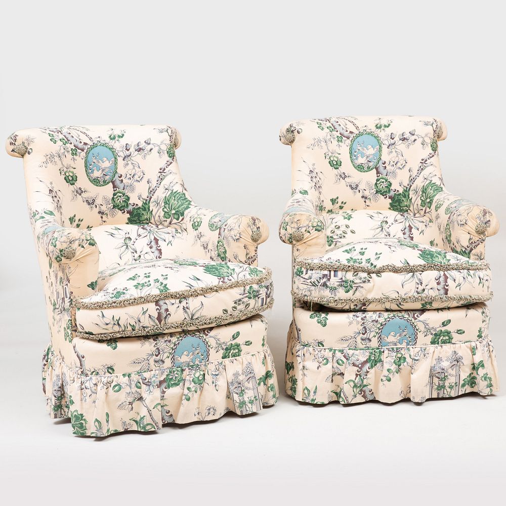 Appraisal: Pair of French Cotton Upholstered Armchairs Designed by Henri Samuel