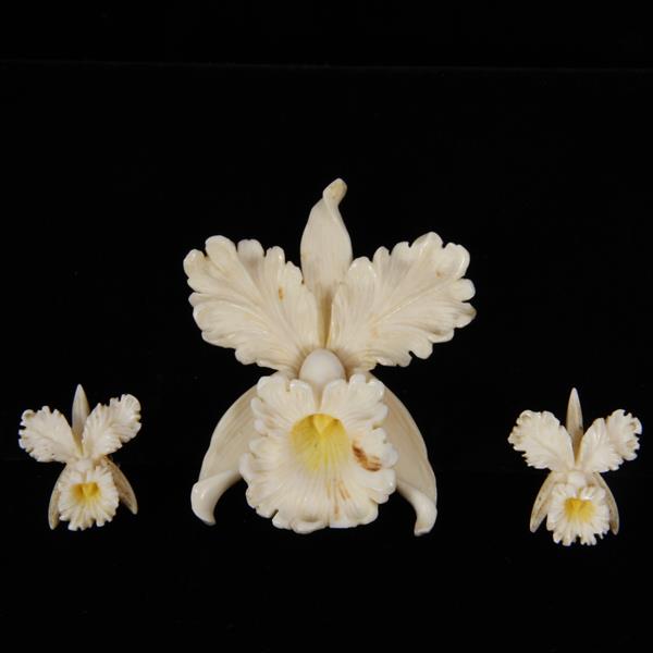 Appraisal: Ming's pc Honolulu Hawaiian Ivory Orchid Brooch Pin Clip Earrings