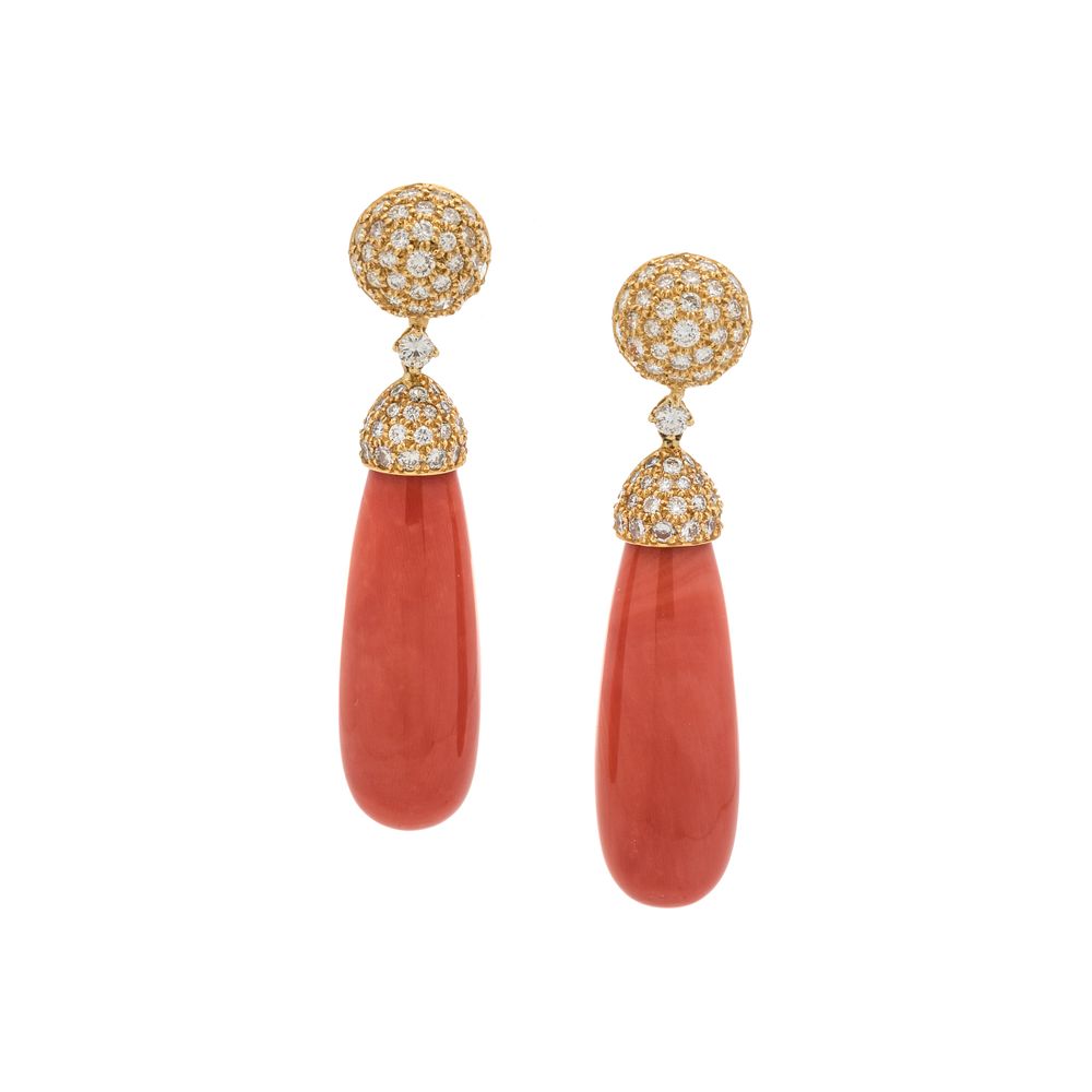 Appraisal: CORAL AND DIAMOND EARCLIPS CORAL AND DIAMOND EARCLIPS Containing two