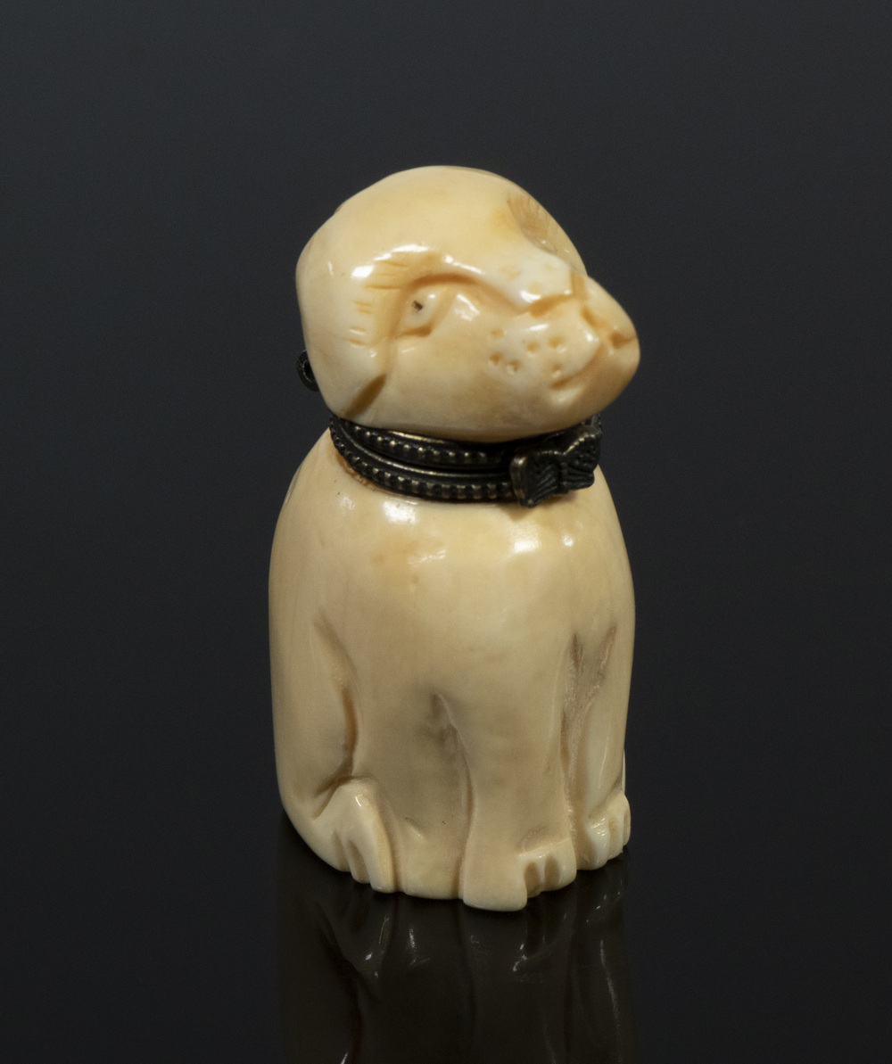 Appraisal: CARVED BONE DOG FORM SNUFF BOTTLE Unmarked bronze fitting with