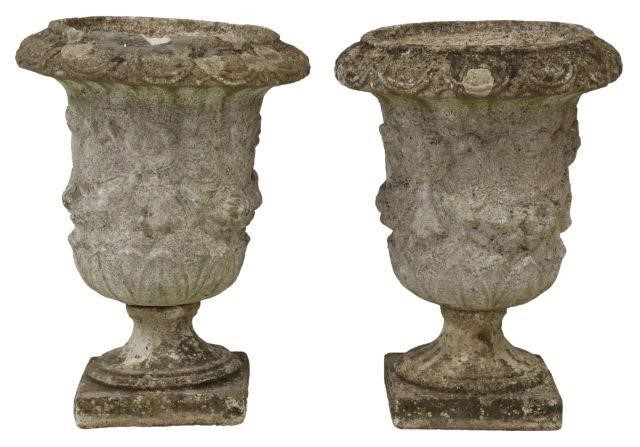 Appraisal: pair French cast stone composite campana-form garden urns having patterned