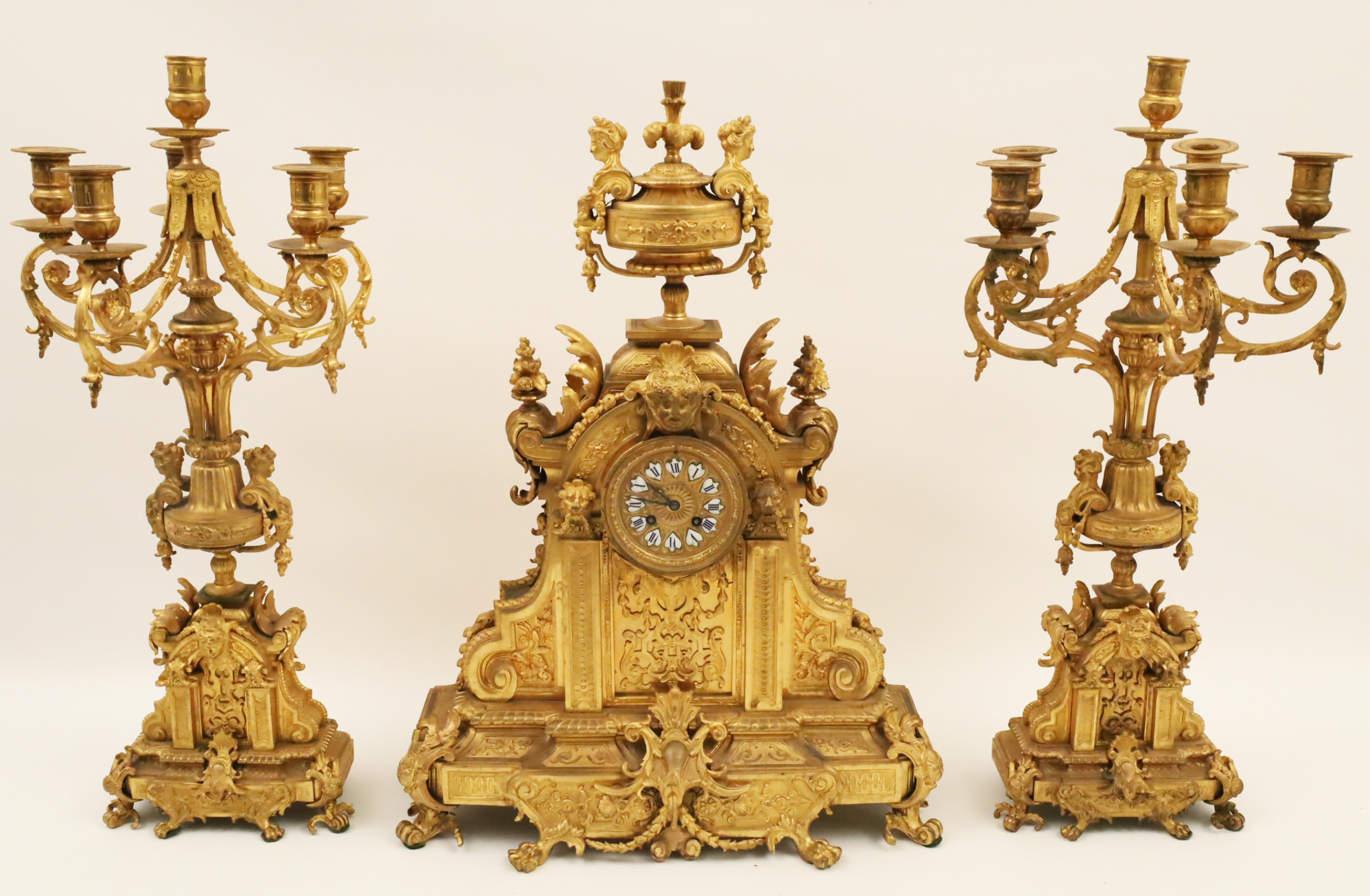 Appraisal: PIECE FRENCH DORE BRONZE CLOCK SET piece French dore bronze