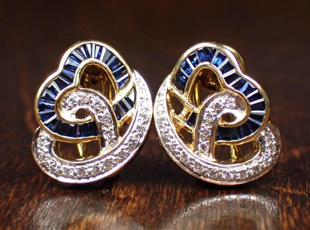 Appraisal: PAIR OF DIAMOND AND SAPPHIRE EARRINGS each yellow and white