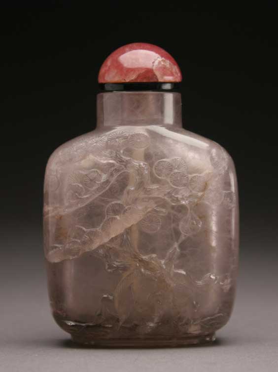 Appraisal: CARVED SMOKEY QUARTZ SNUFF BOTTLE Well hollowed carved smokey quartz