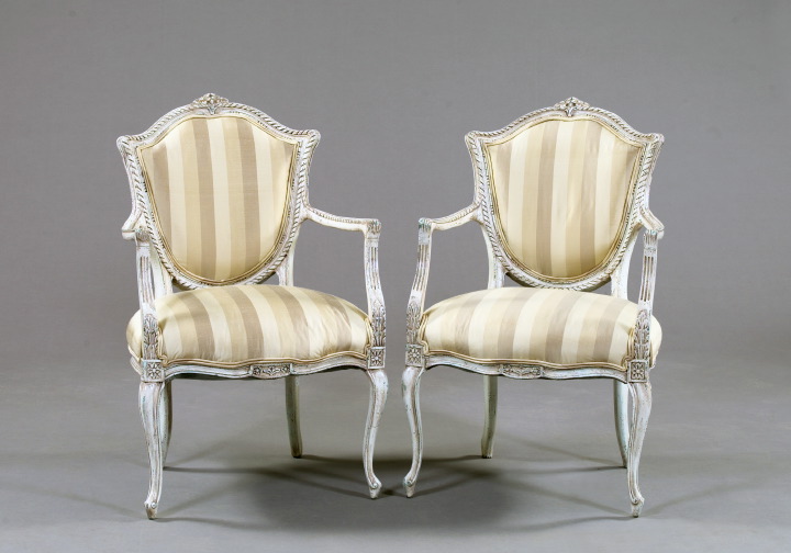 Appraisal: Pair of French-Style Polychromed Bergeres early th century of Louis