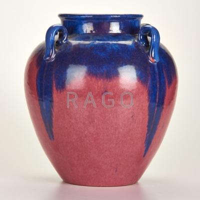 Appraisal: FULPER Four-handled urn in Royal Blue and Famille Rose glazes