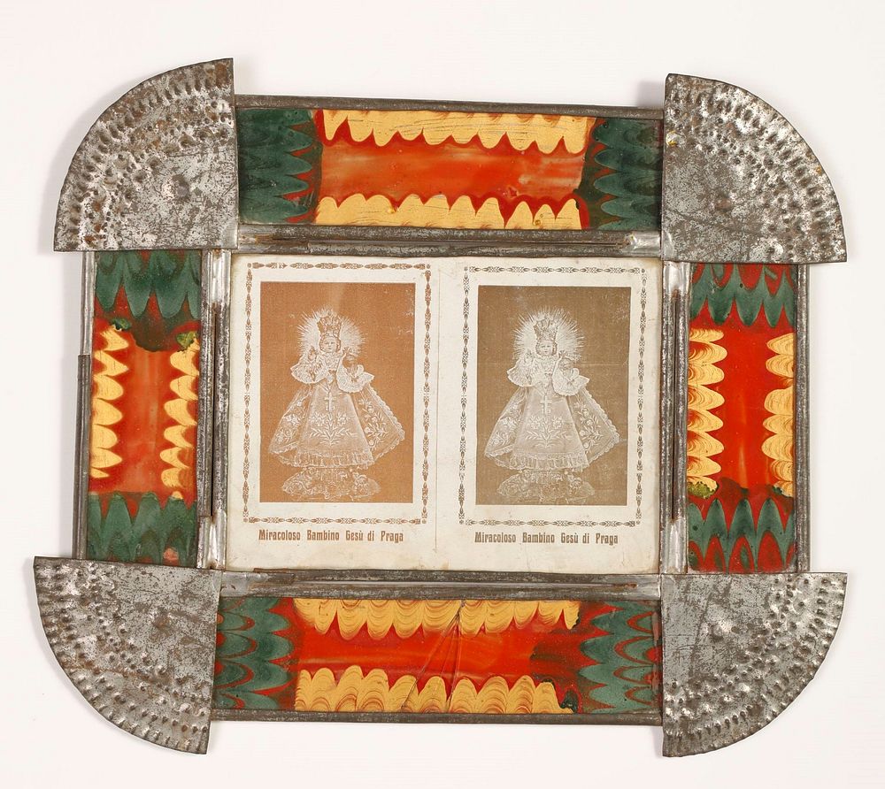 Appraisal: Tin Frame with Devotional Cards ca Attributed to Isleta Tinsmith