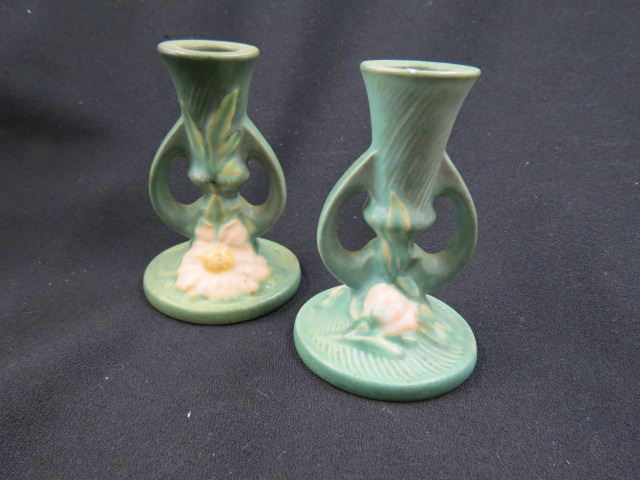 Appraisal: Roseville Pottery Peony Candlesticks green matched pair - 's excellent