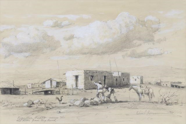 Appraisal: Framed pencil and gouache drawing Boquillas Mexico Across the River