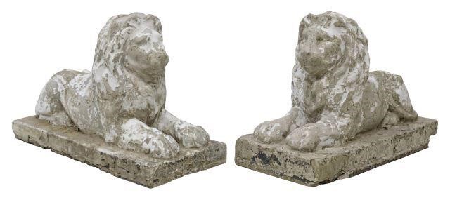 Appraisal: pair Cast stone recumbent lions late th c on an