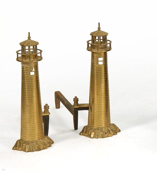 Appraisal: PAIR OF UNUSUAL BRASS LIGHTHOUSE-FORM ANDIRONS Marked Rostand N Original