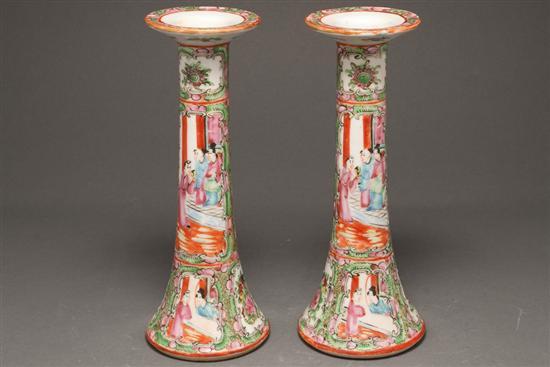 Appraisal: Pair of Chinese Export Rose Medallion porcelain candlesticks fourth quarter-