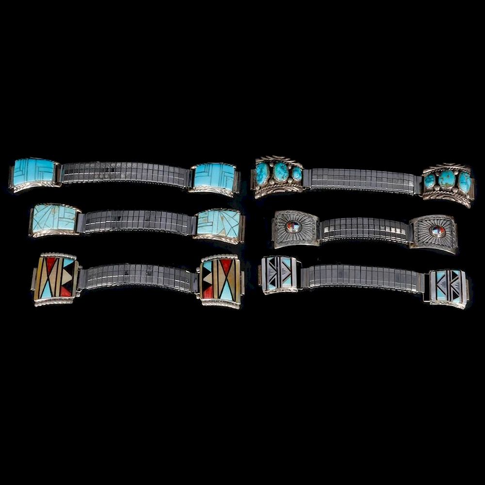 Appraisal: Navajo Watch Bands Six Vintage old pawn Southwest turquoise silver