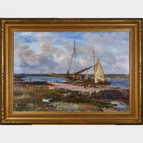 Appraisal: Henry Moore - FISHING BOAT AT HOME HARBOUR Oil on