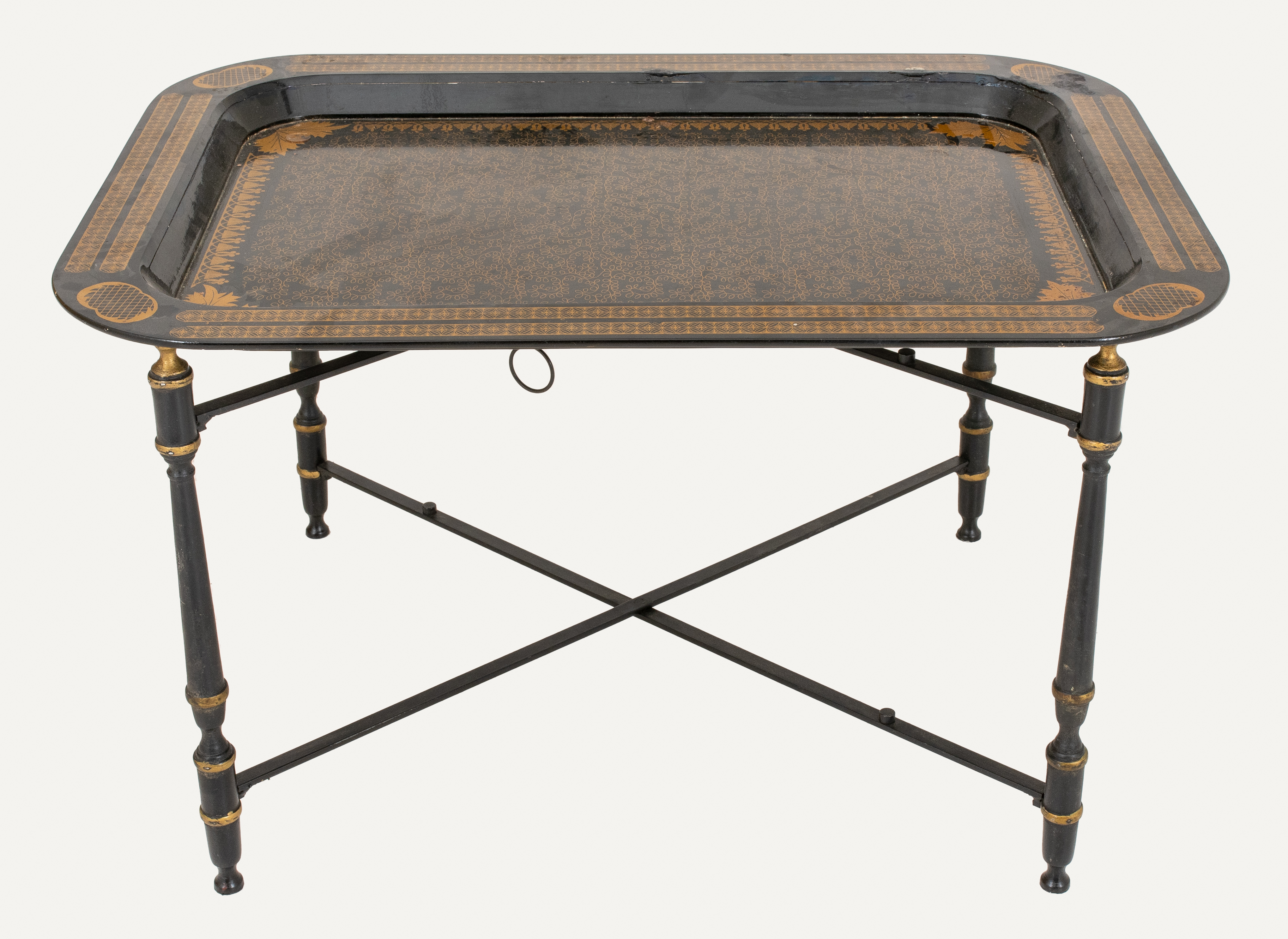 Appraisal: ITALIAN LACQUERED BLACK GOLD TRAY TABLE Italian lacquered tray table