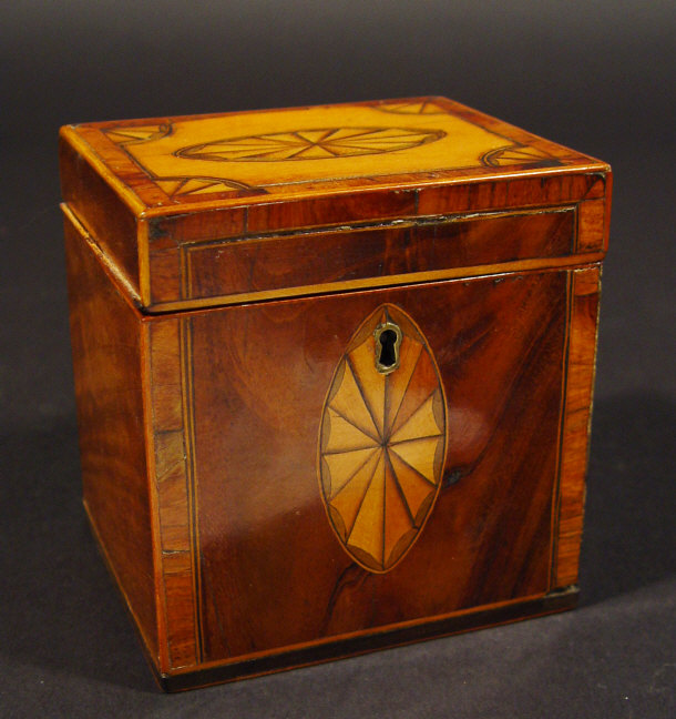 Appraisal: Sheraton tea caddy with crossbanded and inlaid decoration and silver