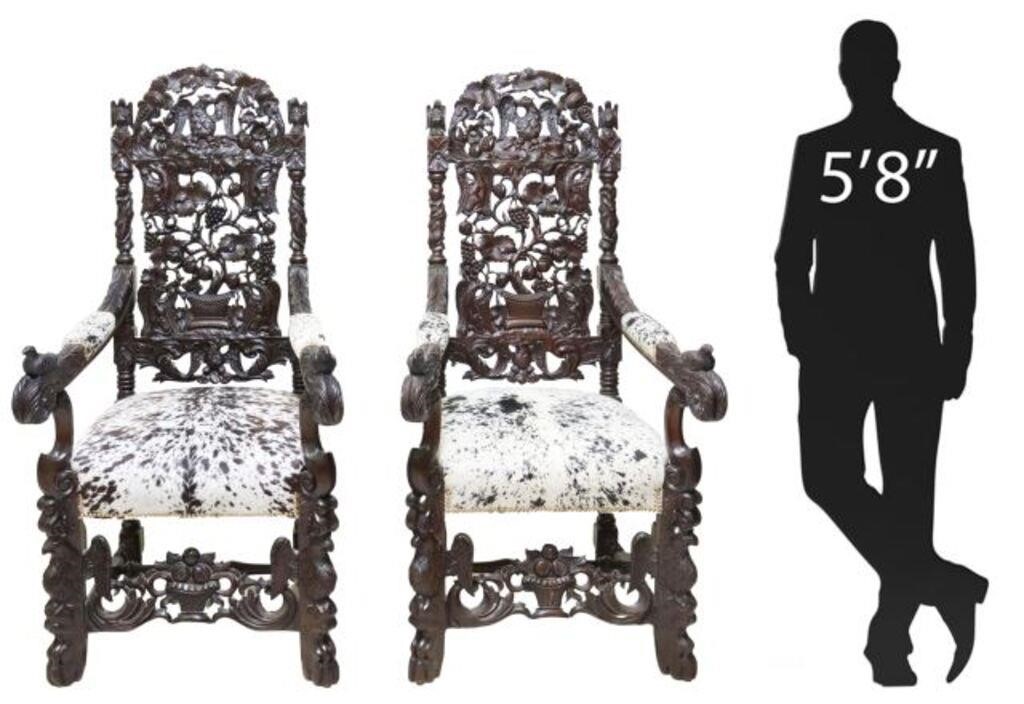 Appraisal: pair Monumental figural carved and ebonized throne armchairs th c