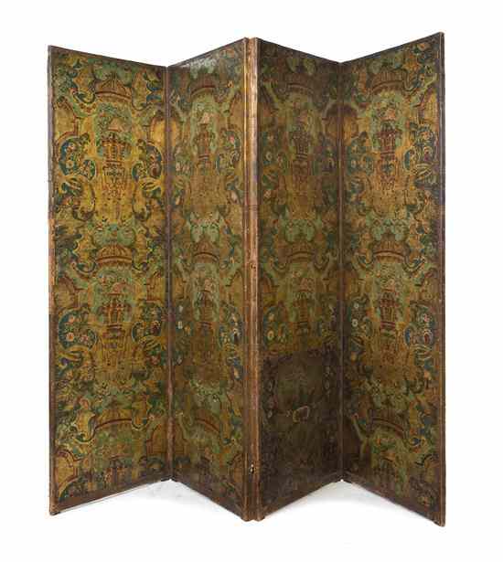 Appraisal: A Continental Tooled and Painted Leather Four-Panel Floor Screen th