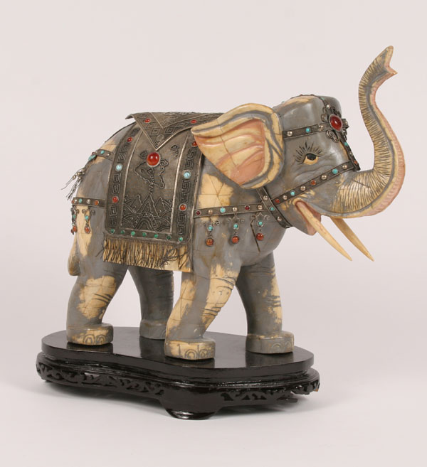 Appraisal: Asian painted elephant on stand with beaded metalwork Overall