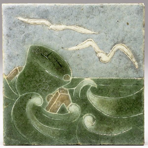 Appraisal: GRUEBY Tile decorated in cuenca with seagulls and buoy Artist