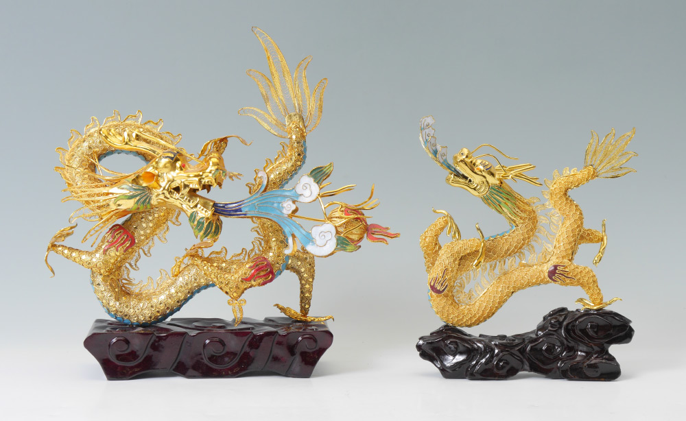 Appraisal: LARGE CHINESE ENAMELED GILT SILVER DRAGONS Gilt metal possibly silver