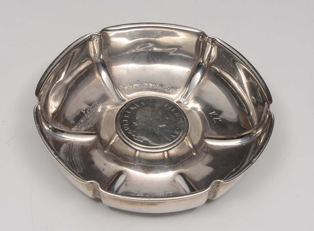 Appraisal: A SILVER ASHTRAY with inset George III crown and presented