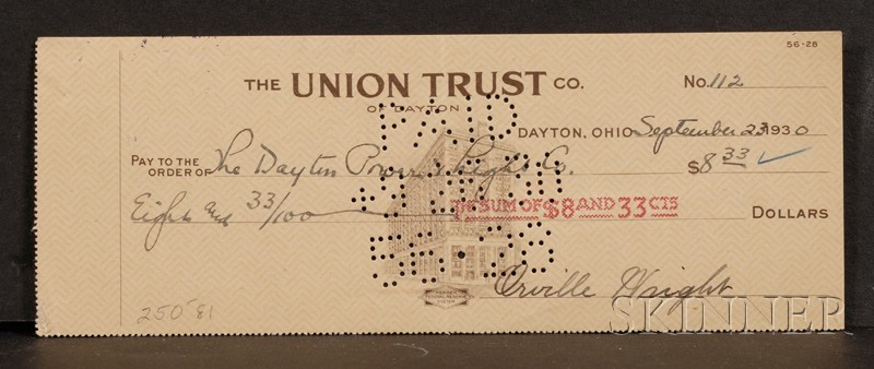 Appraisal: Wright Orville - Signed check September to the Dayton Light