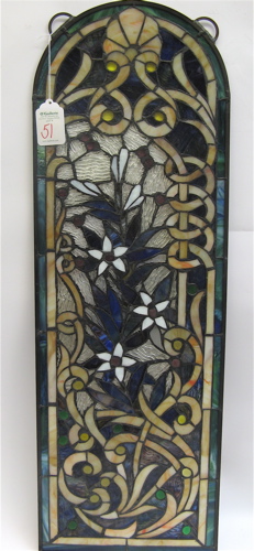 Appraisal: CATHEDRAL-SHAPED STAINED AND LEADED GLASS WINDOW Art Nouveau design with