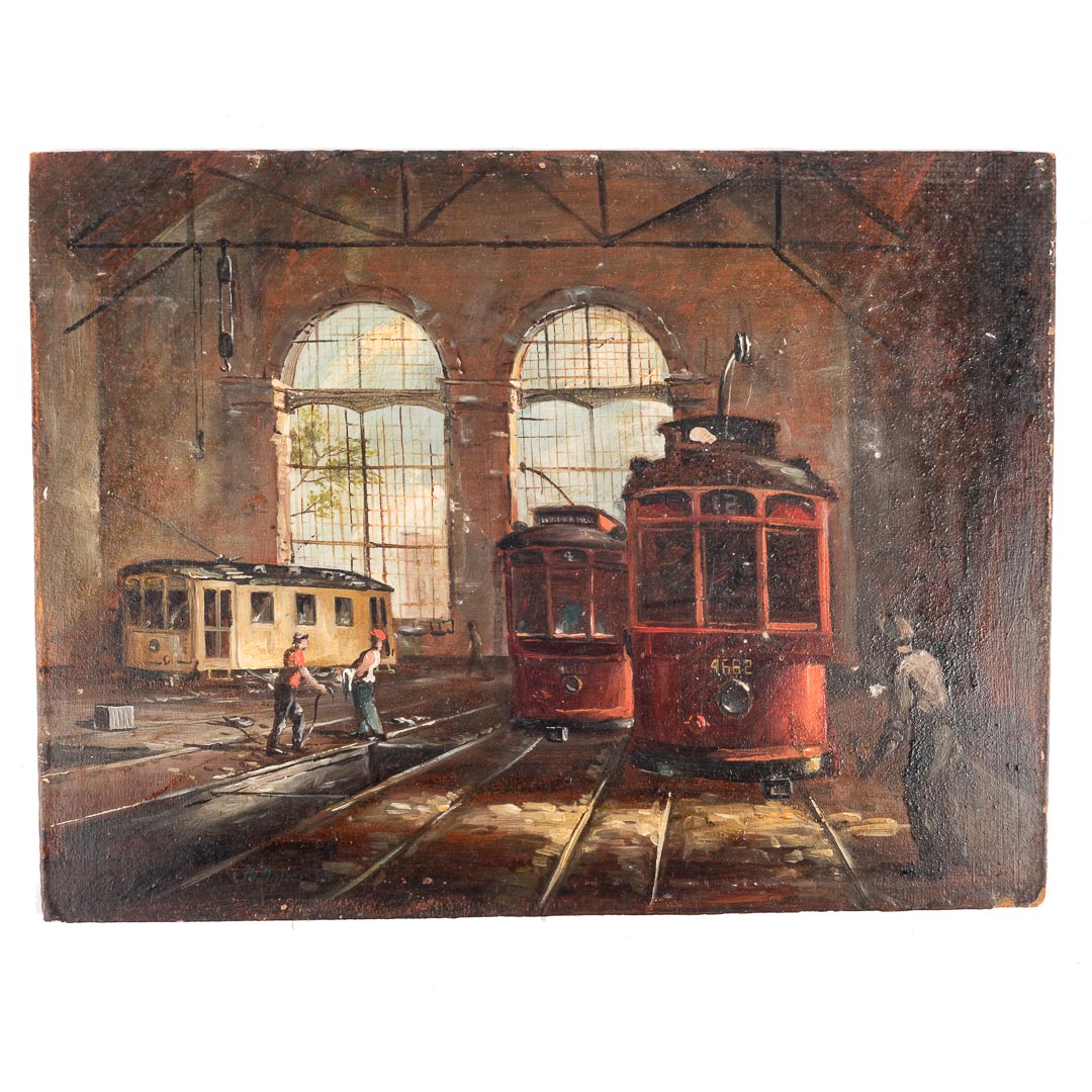 Appraisal: Melvin Miller Trolley Barn oil on masonite American - Signed