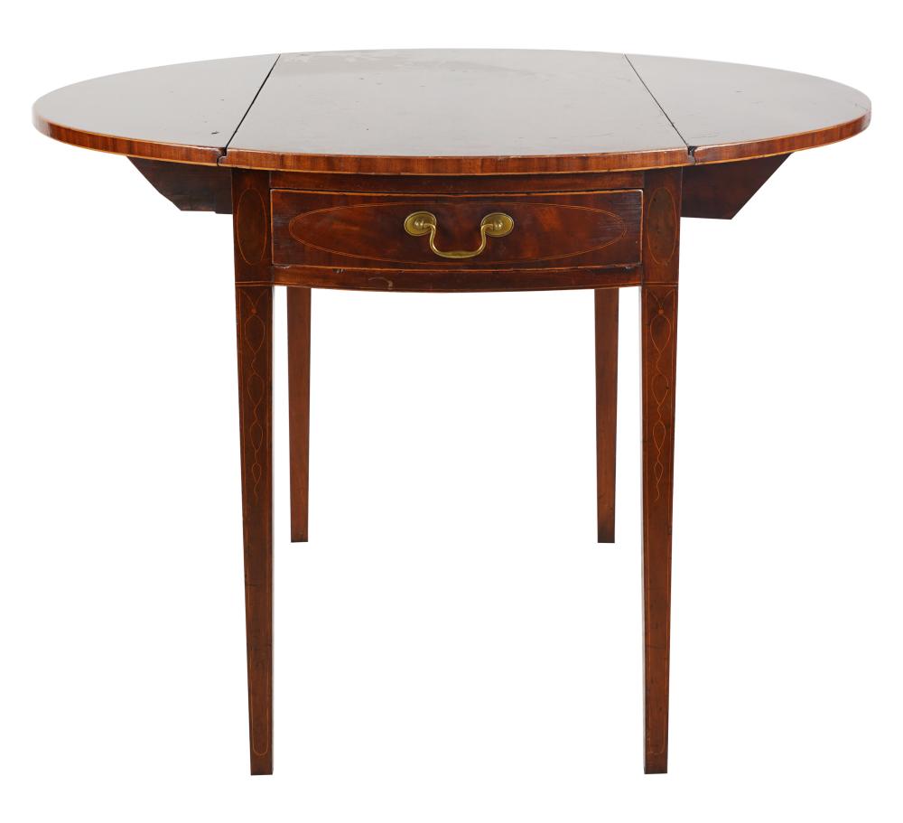 Appraisal: SHERATON LINE-INLAID MAHOGANY PEMBROKE TABLEthe hinged top over one drawer