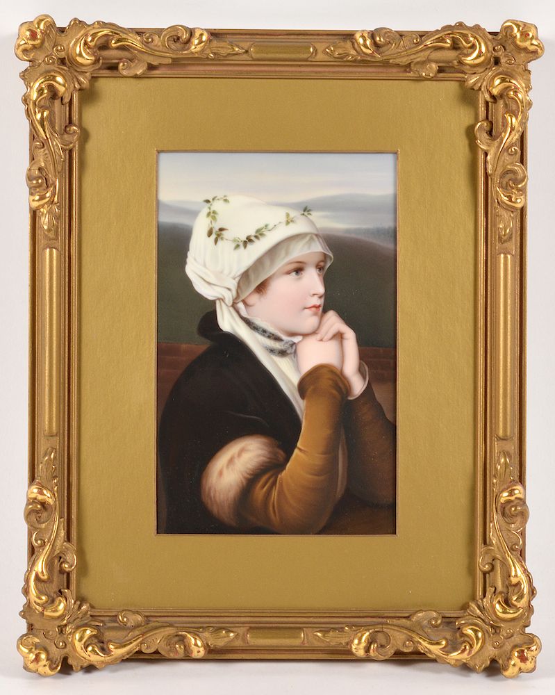 Appraisal: Hutschenreuther Porcelain Painted Plaque Hutschenreuther painted porcelain plaque of young