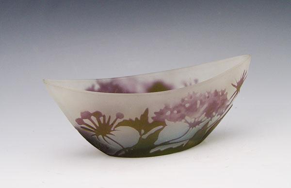 Appraisal: GALLE CAMEO GLASS IN BOAT FORM Green cut to lavender