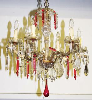 Appraisal: European glass chandlier with cut crystal and cranberry prizms ca