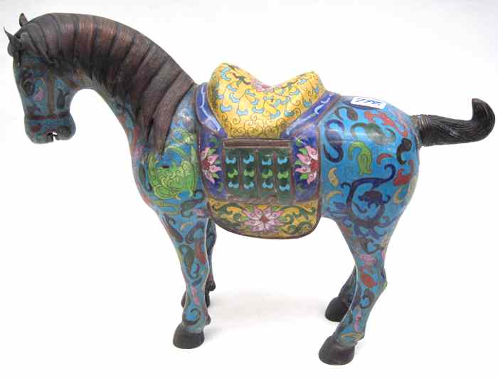 Appraisal: CHINESE CLOISONNE ENAMEL TANG STYLE HORSE Blue field having yellow